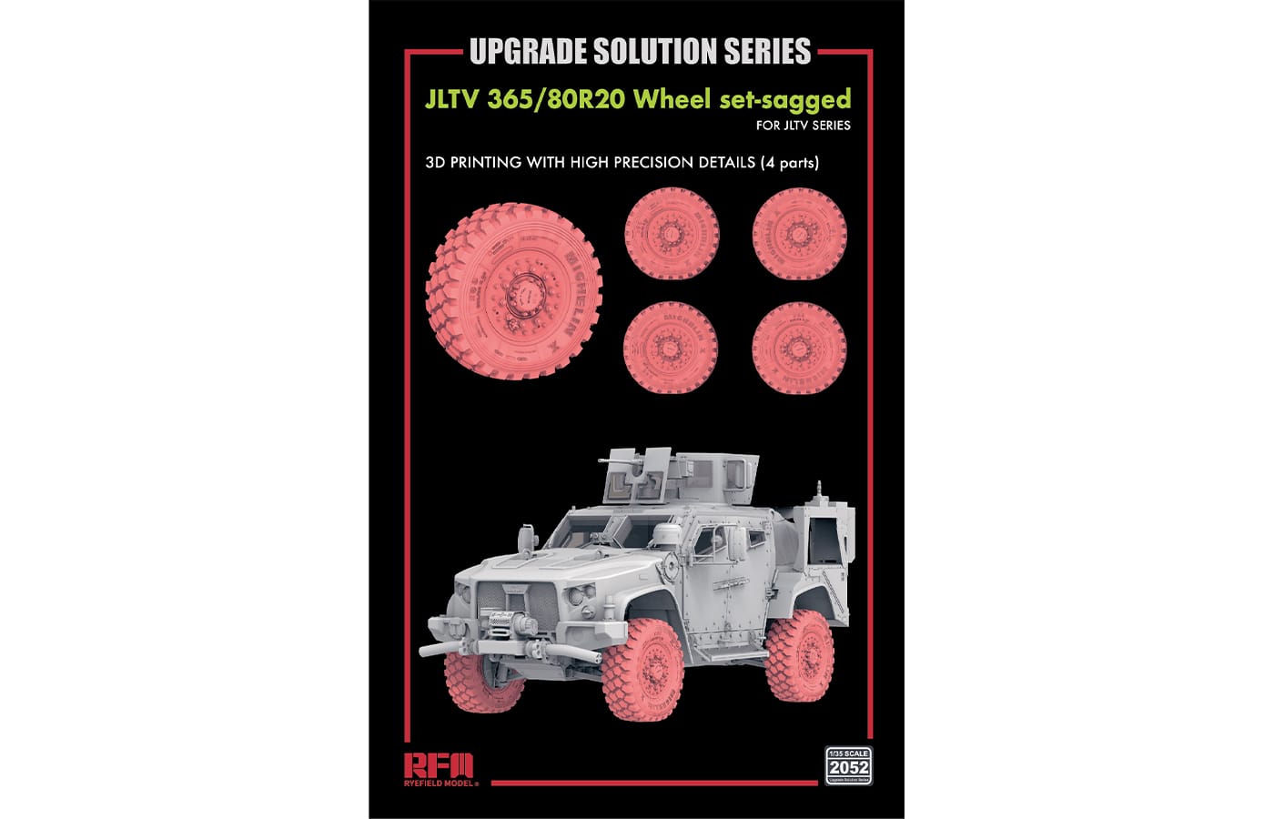 010 - Rye Field Model - 2052 - Oshkosh M1279 JLTV 365/80R20 Sagged Wheel Set - primary image
