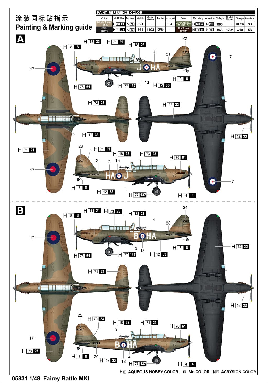 300 - Trumpeter - 05831 - Fairey Battle Mk I - paint schemes