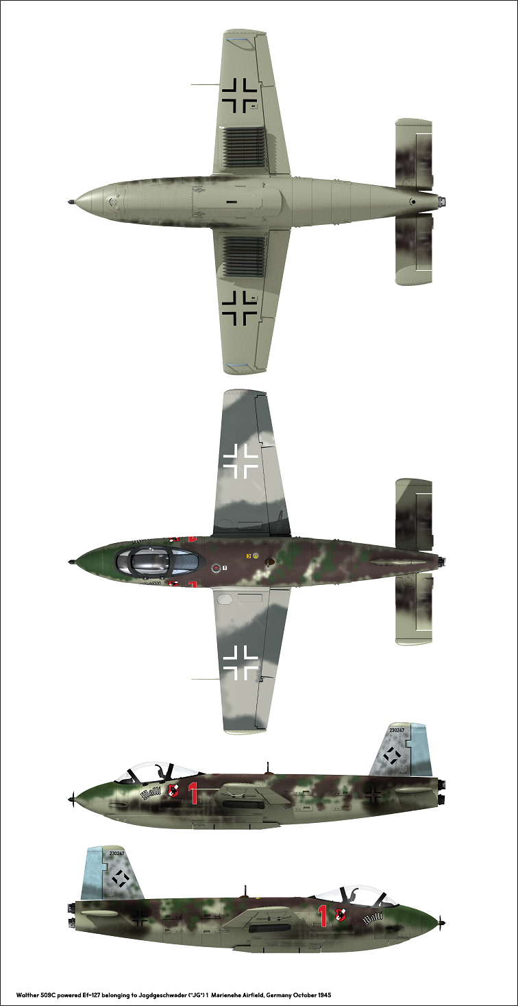 306 - Junkers Ju EF 126 Elli / 127 Walli - paint schemes - Walther 509C powered Ef-127 „Walli“, Jagdgeschwader (JG 1), Marienehe Airfield, Germany, October 1945