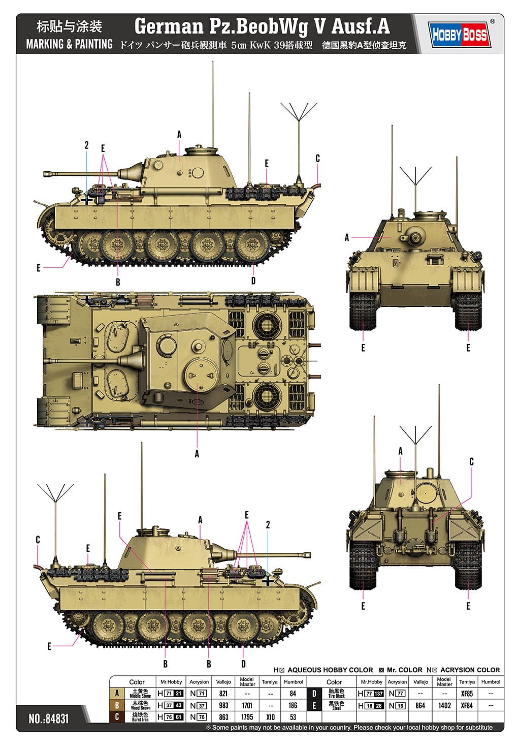 300 - HobbyBoss - 84831 - Pz.Beob.Wg. V Ausf. A Panther - paint schemes
