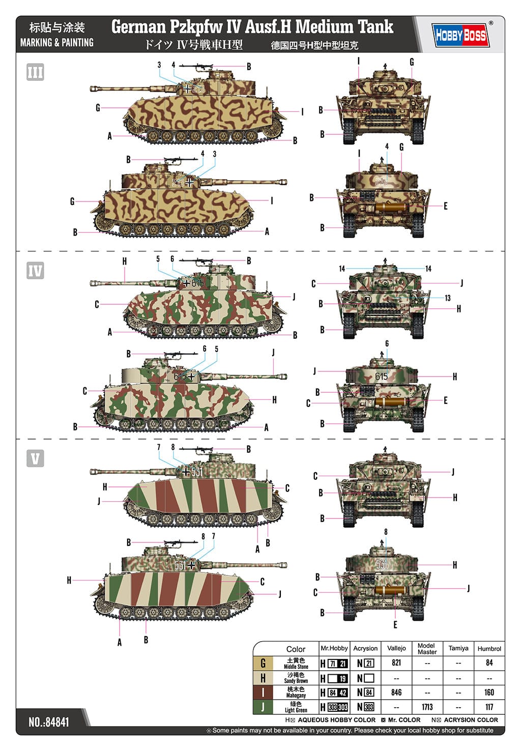 301 - HobbyBoss - 84841 - Pz.Kpfw. IV Ausf. H - paint schemes
