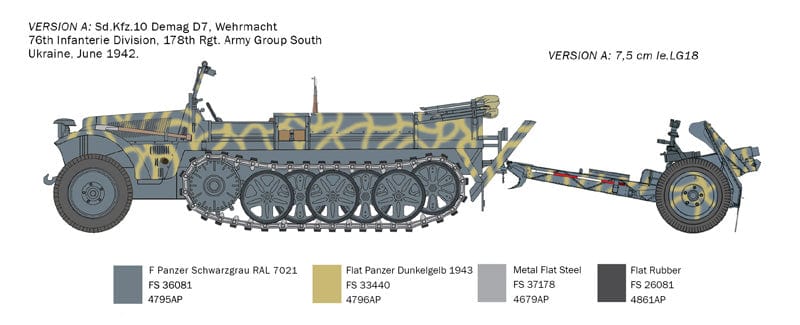 300 - Italeri - 6595 - Sd.Kfz. 10 Demag D7 with 7.5 cm leIG, German Infantry and Crew - paint schemes