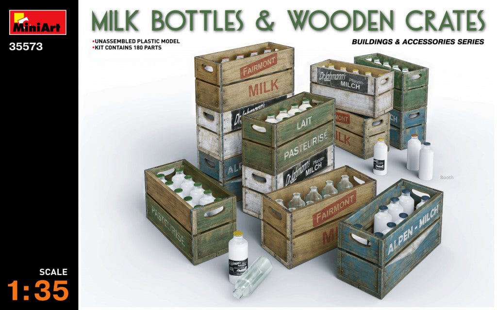 010 - Miniart - 35573 - Milk Bottles and Wooden Crates - primary image