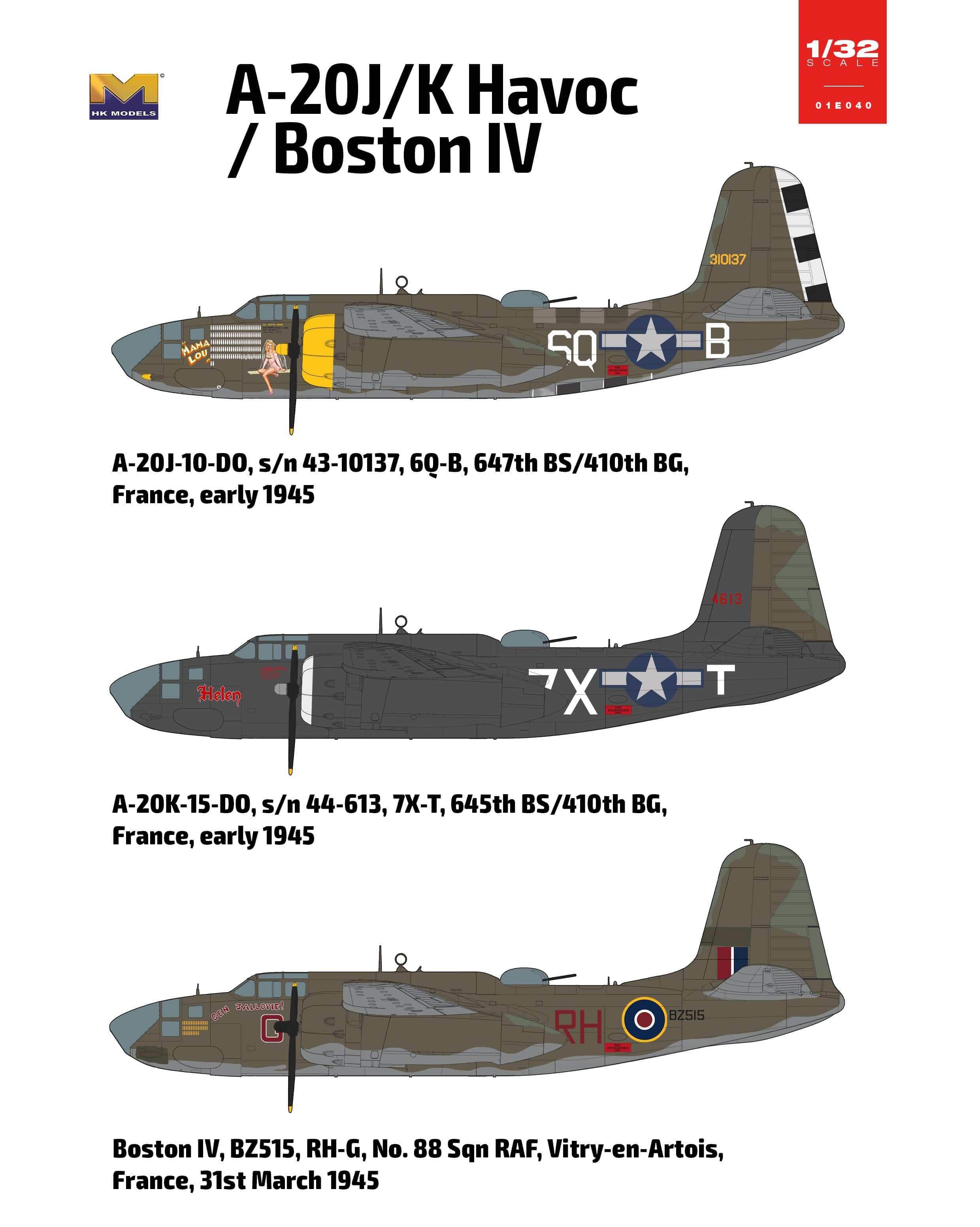 HK Models - 01E040 - Douglas A-20J/K Havoc / Boston Mk IV - paint schemes