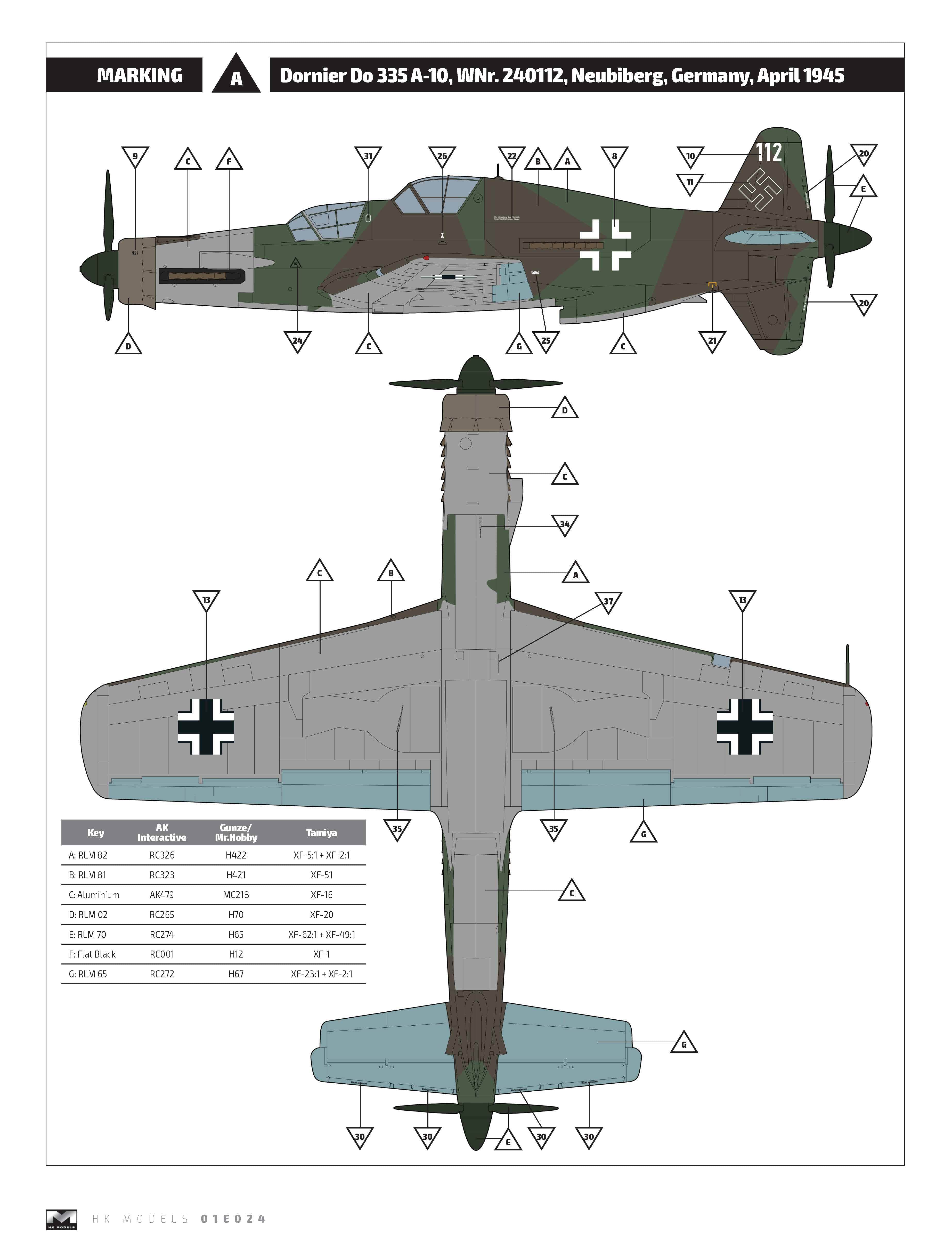 HK Models - 01E009 - Dornier Do 335 A-10 Pfeil - paint schemes