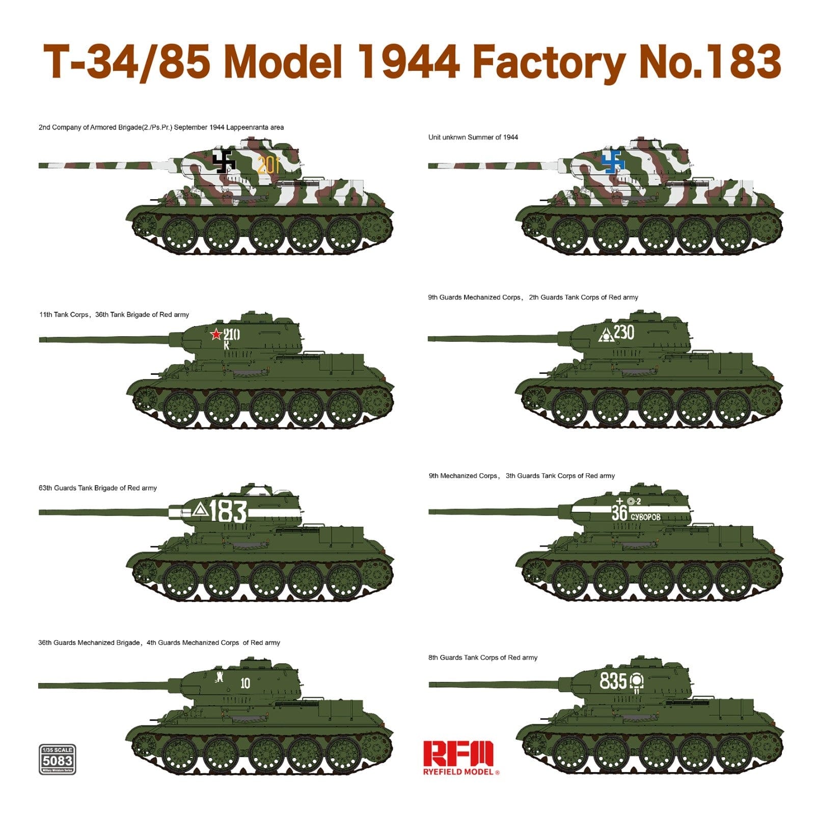 Rye Field Model - 5083 - T-34-85 obr. 1944 No. 183 Factory - paint schemes