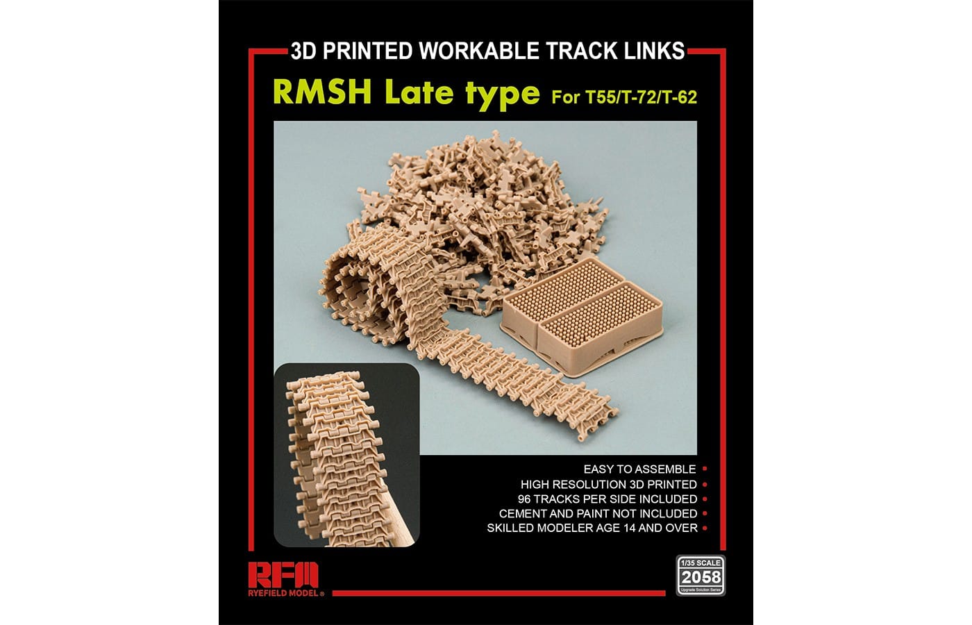 600 - Rye Field Model - 2058 - T-55/T-62/T-72 RMSh (late) Workable Track Links - unpainted model