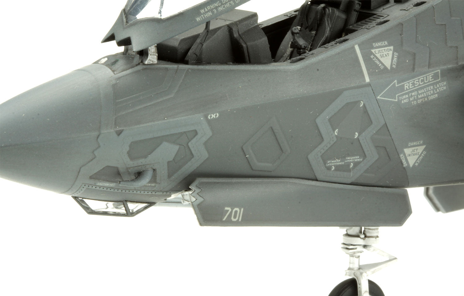 painted model - There are details of different sizes and shapes on the aircraft nose.