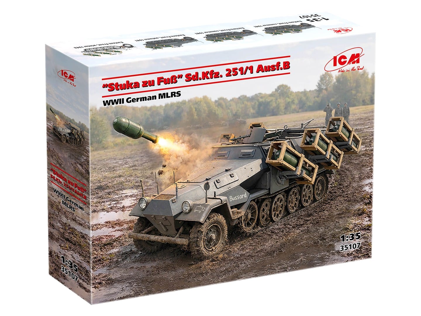 100 - ICM - 35107 - Sd.Kfz. 251/1 Ausf. B Wurfrahmen 40 ‘Stuka zu Fuss’ - box front right angle