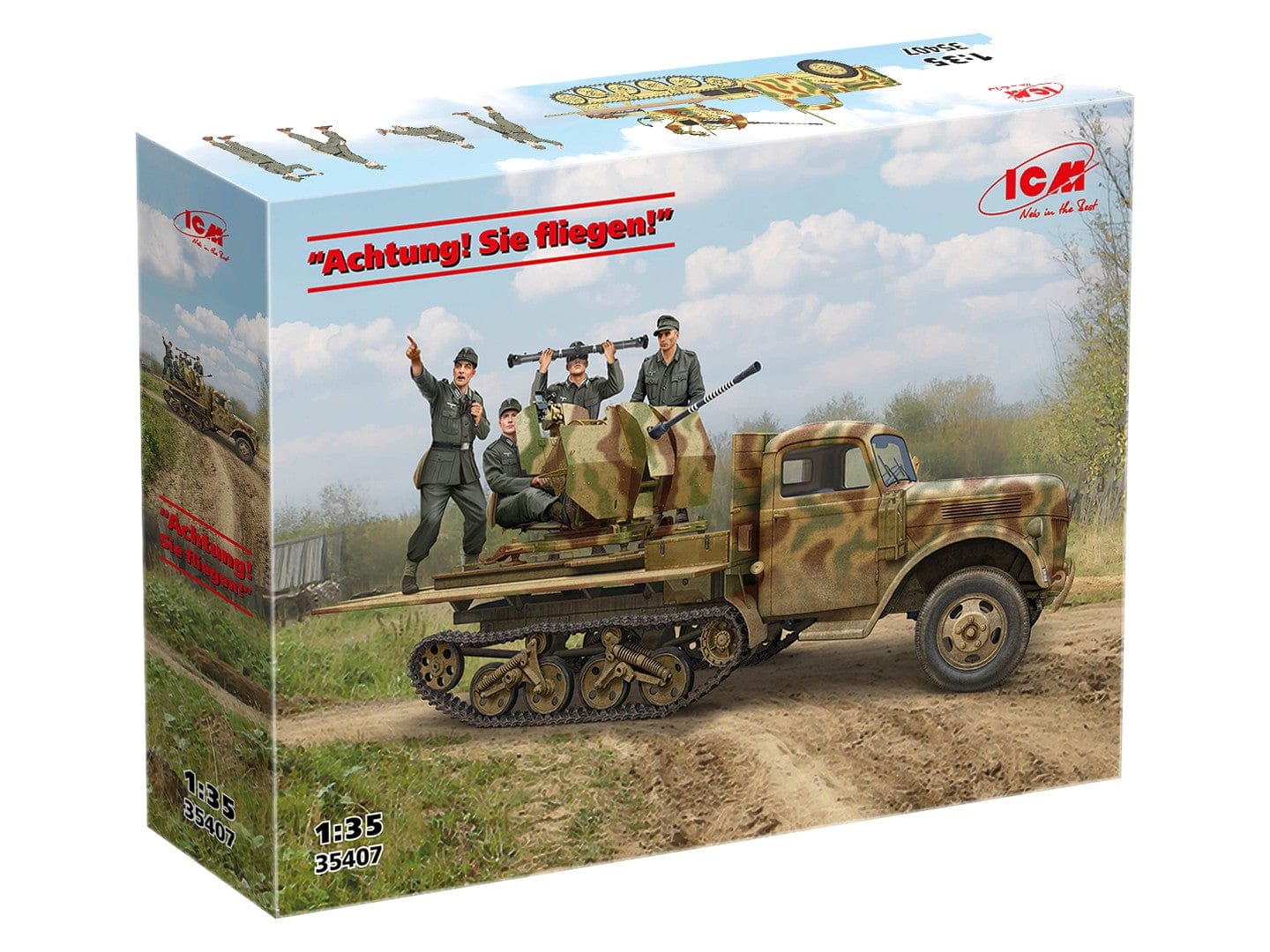 100 - ICM - 35407 - Ford-Werke Sd.Kfz. 3b 2cm Flak 38  ‘Achtung! Sie fliegen!’ - box front right angle