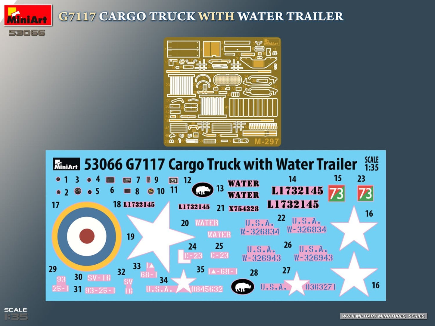 400 - Miniart - 53066 - Chevrolet G7117 1½-ton 4x4 and G-527 250 gal Water Trailer - decals