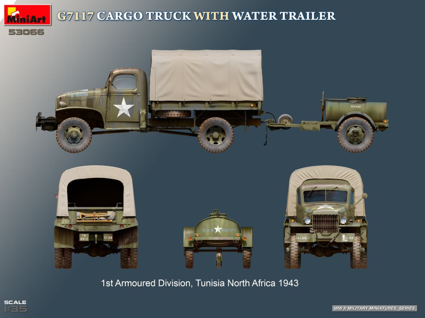 302 - Miniart - 53066 - Chevrolet G7117 1½-ton 4x4 and G-527 250 gal Water Trailer - paint schemes