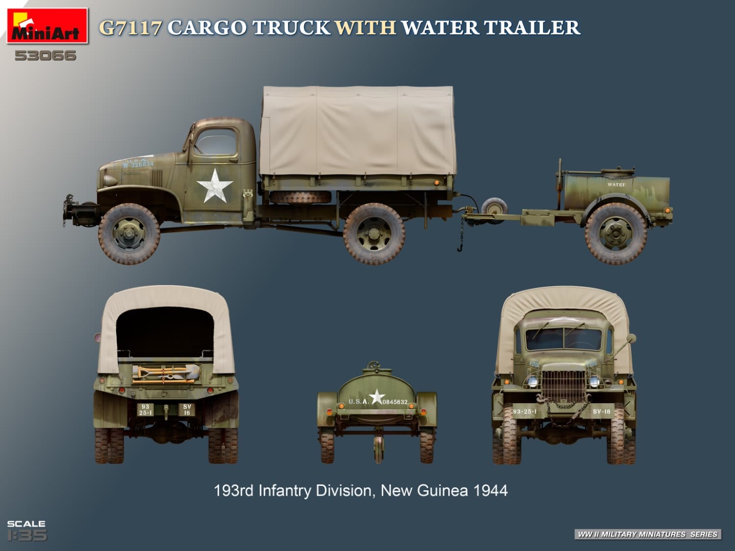 Miniart - 53066 - Chevrolet G7117 1½-ton 4x4 and G-527 250 gal Water Trailer - paint schemes