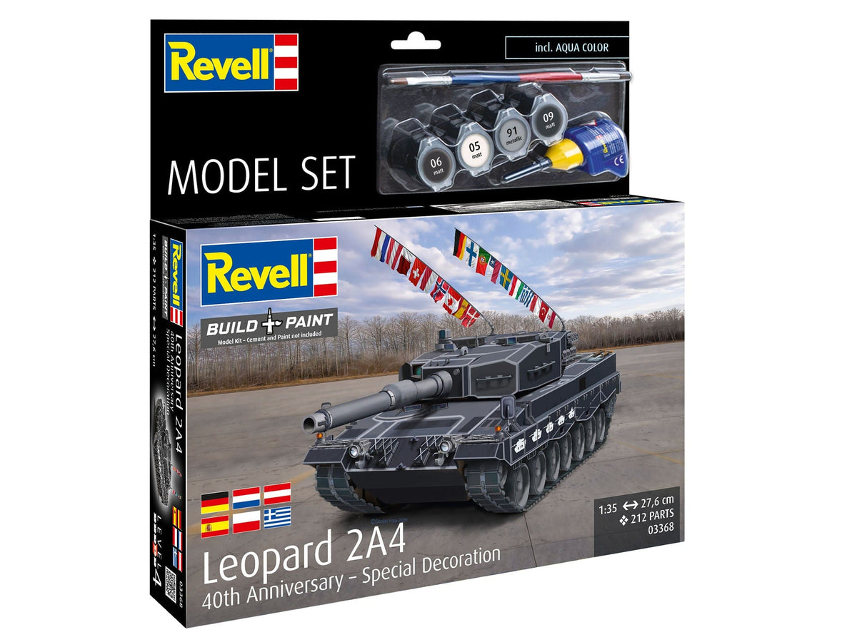 100 - Revell - 63368 - Leopard 2A4 ‘40th Anniversary’ [model set] - box front right angle