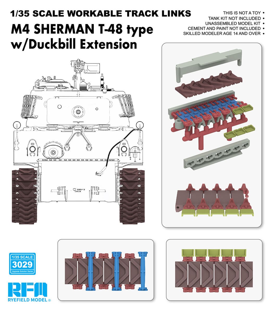 010 - Rye Field Model - 3029 - M4 Sherman T-48 Type with Duckbill Extension Workable Track Links  - primary image