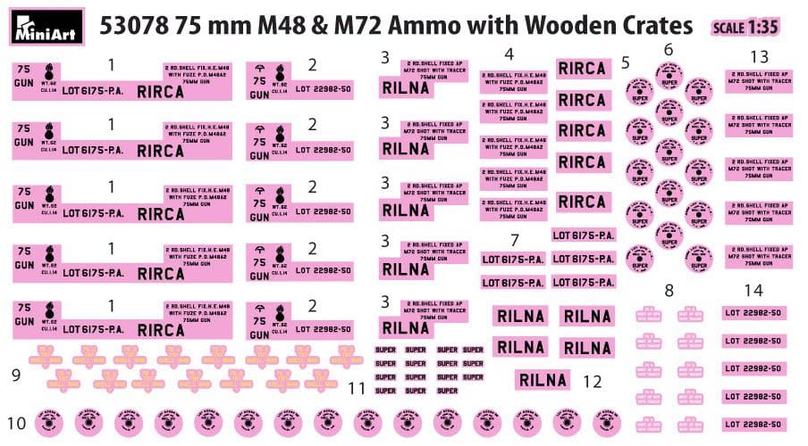 400 - Miniart - 53078 - 75mm M48 & M72 Ammunition Boxes and Shells - decals