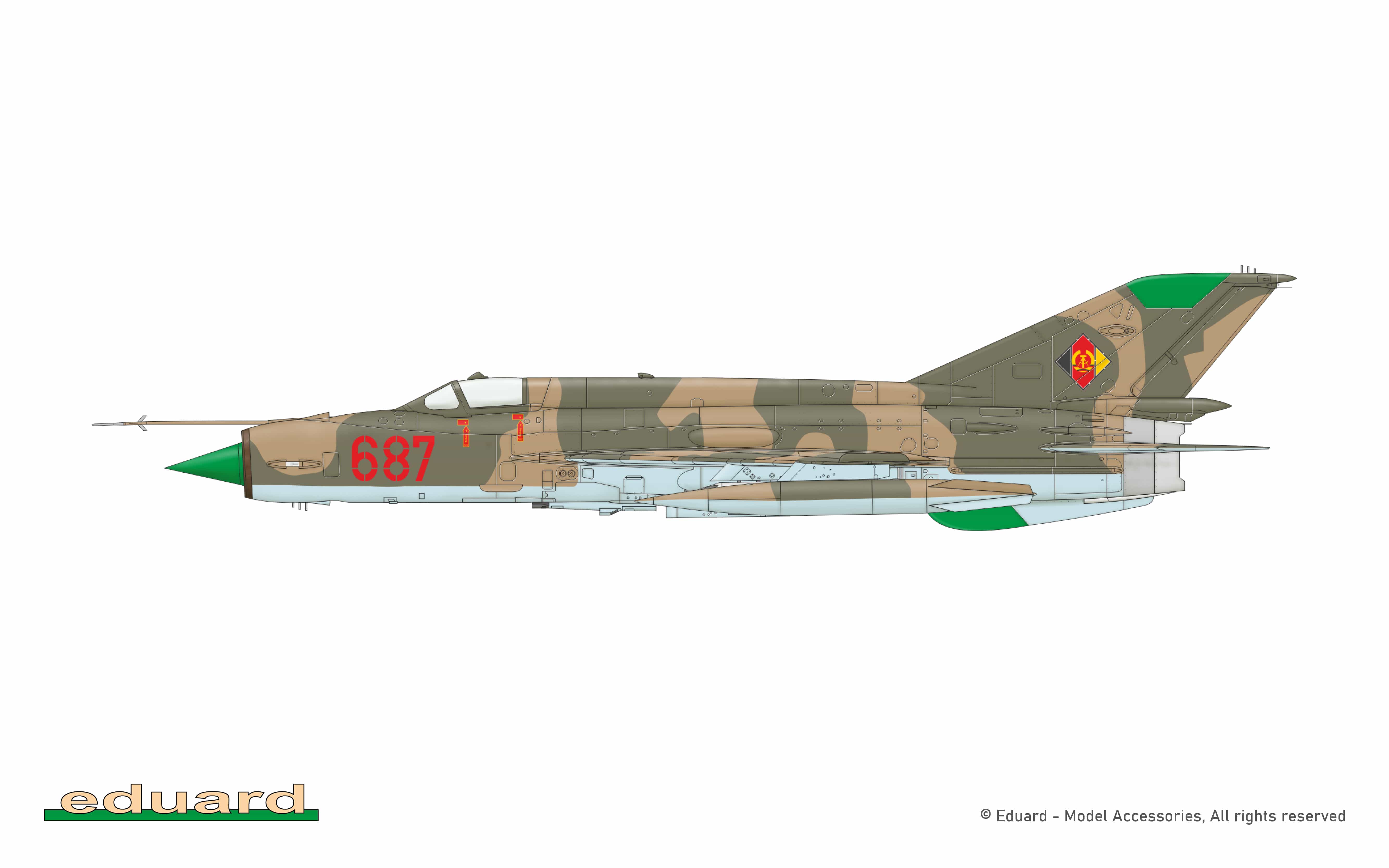 Eduard - 8231 - Mikoyan-Gurevich MiG-21MF Fishbed J - paint schemes - MiG-21MF, Jagdfliegergeschwader 3, Preschen AB, German Democratic Republic, 1990