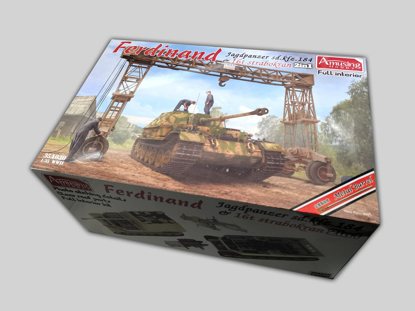 100 - Amusing Hobby - 35A030 - Panzerjäger Tiger (P) Ferdinand [Interior Kit] and 16t Fries Strassenbockkran - box front