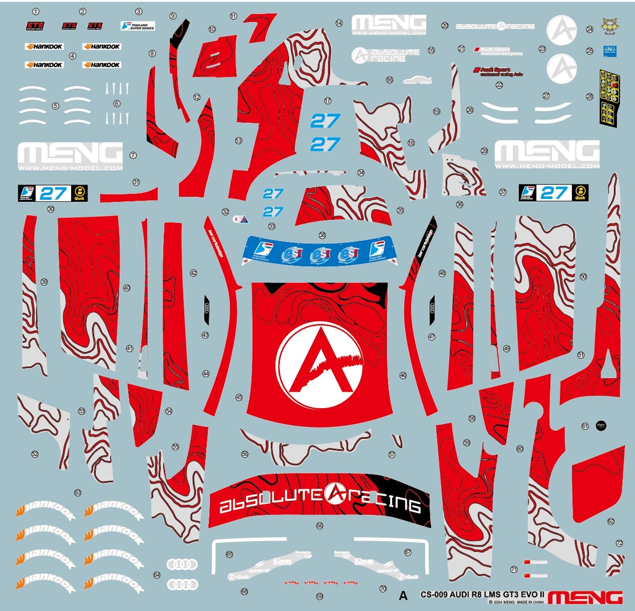 decals - The CS-009 and CS-011 kits offer high-precision decals featuring the Absolute Racing team liveries.