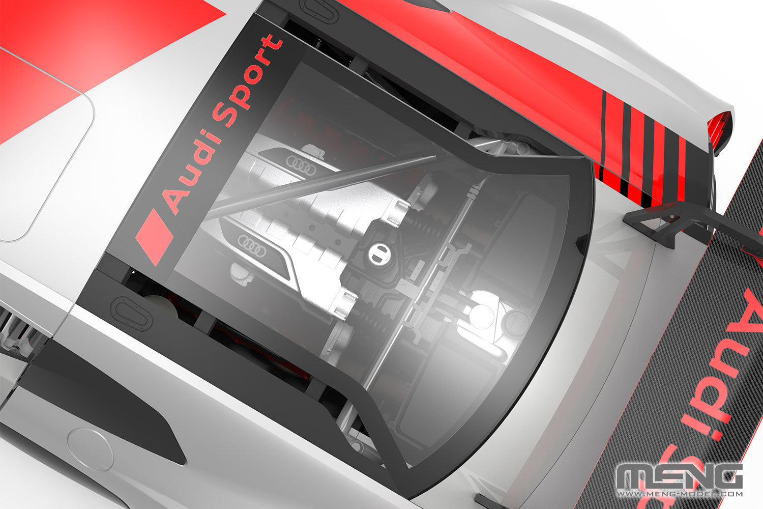 digital model - The engine hood is represented by a transparent part. The internal structure is clearly visible.