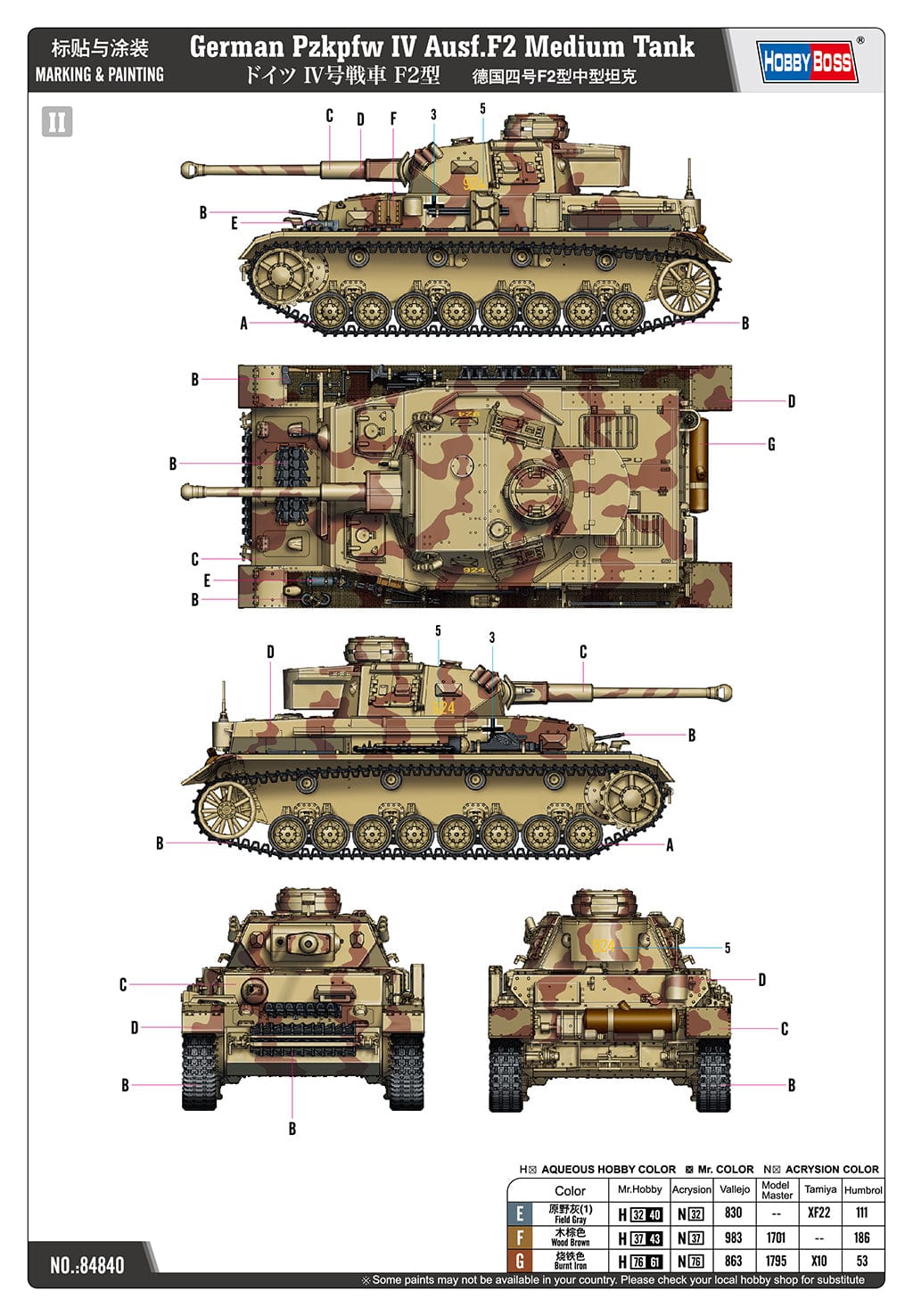 301 - HobbyBoss - 84840 - Pz.Kpfw. IV Ausf. F2 - paint schemes