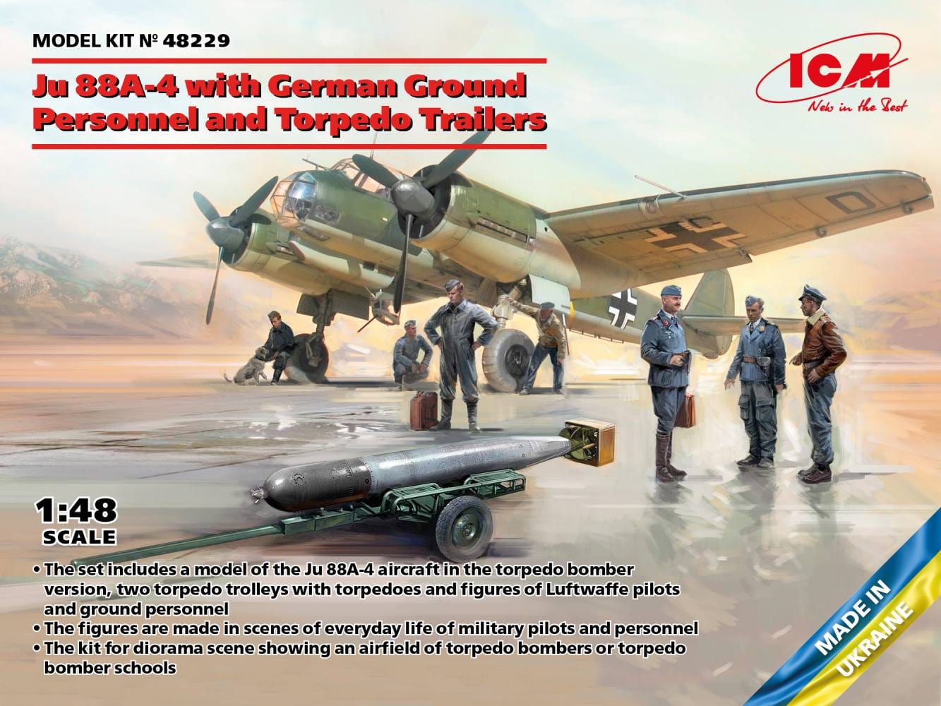 010 - ICM - 48229 - Junkers Ju 88 A-4 with Ground Staff and Torpedo Trailers - primary image